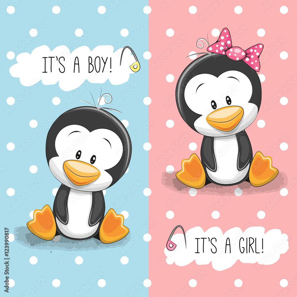 Naklejka premium Pingwiny, chłopiec i dziewczynka
