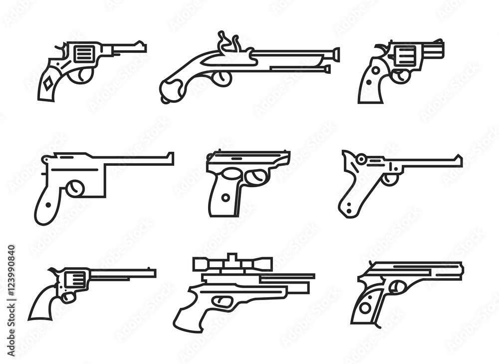 Firearm set. Guns, pistols, revolvers. Flat design. Outline line Firearm set. Guns, pistols, revolvers. Flat design. Outline line