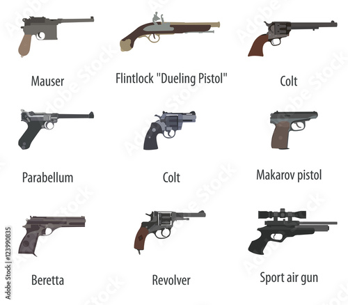 Firearm set. Guns, pistols, revolvers. Flat design