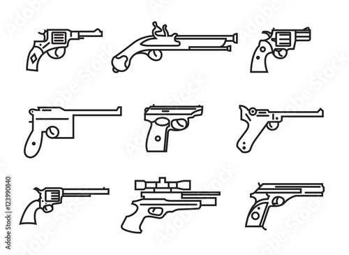 Firearm set. Guns, pistols, revolvers. Flat design. Outline line