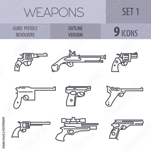Firearm set. Guns, pistols, revolvers. Flat design. Outline line