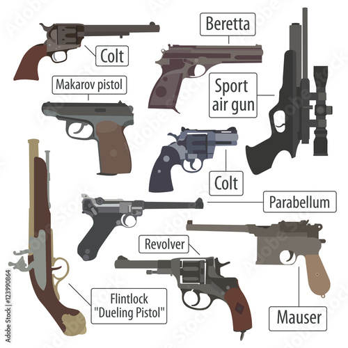 Firearm set. Guns, pistols, revolvers. Flat design