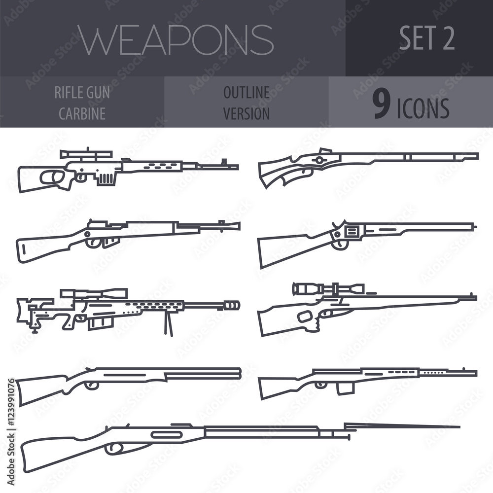 Firearm set. Gun, rifle, carbine. Flat design. Outline linear ve