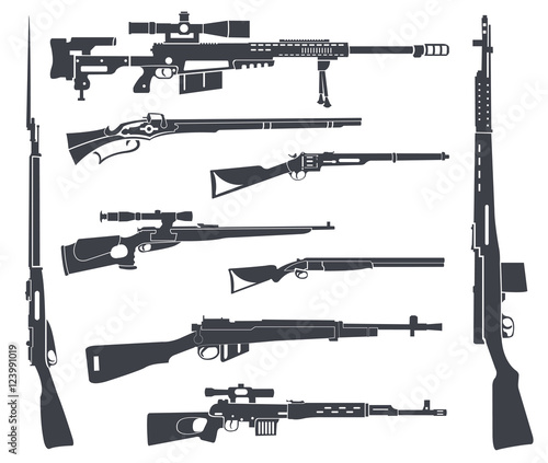Firearm set. Gun, rifle, carbine. Flat design