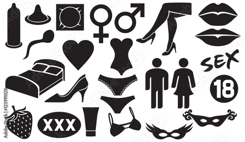 sex icon set (condom packaging, male and female gender symbols, bed and pillow, sensuality lips, masks, lubricant, crossed legs, corset, panties, heart, sperm)
