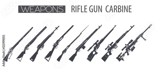 Firearm set. Gun, rifle, carbine. Flat design