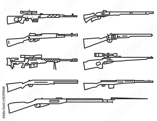 Firearm set. Gun, rifle, carbine. Flat design. Outline linear ve