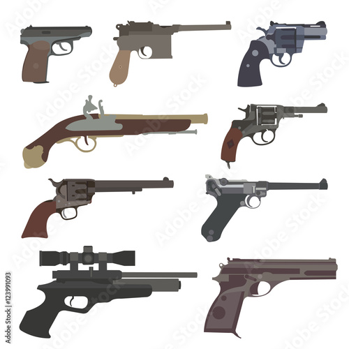 Firearm set. Guns, pistols, revolvers. Flat design