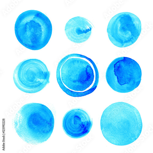 Blue cyan watercolor circle splashes set.