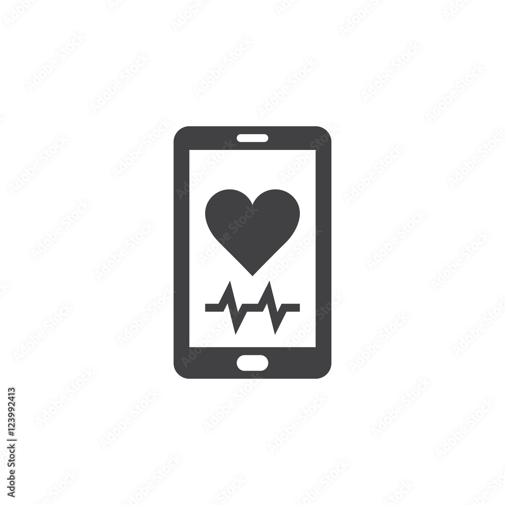 Heart rate mobile monitor symbol. Smartphone with heart icon vector, solid logo illustration, pictogram isolated on white Heart rate mobile monitor symbol. Smartphone with heart icon vector, solid logo illustration, pictogram isolated on white