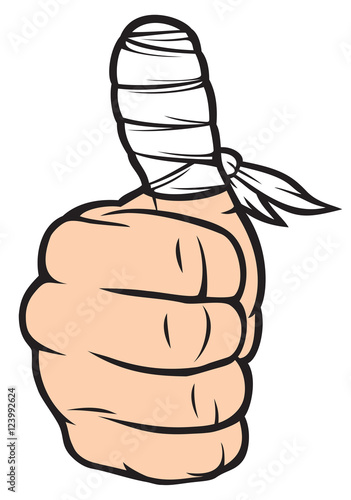 thumb with white bandage (finger and gauze)