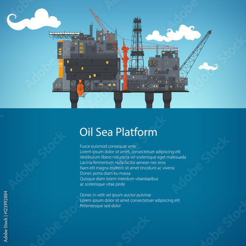 Offshore Sea Oil Platform at Sea and Text, Oil Industry , Poster Brochure Flyer Design, Vector Illustration