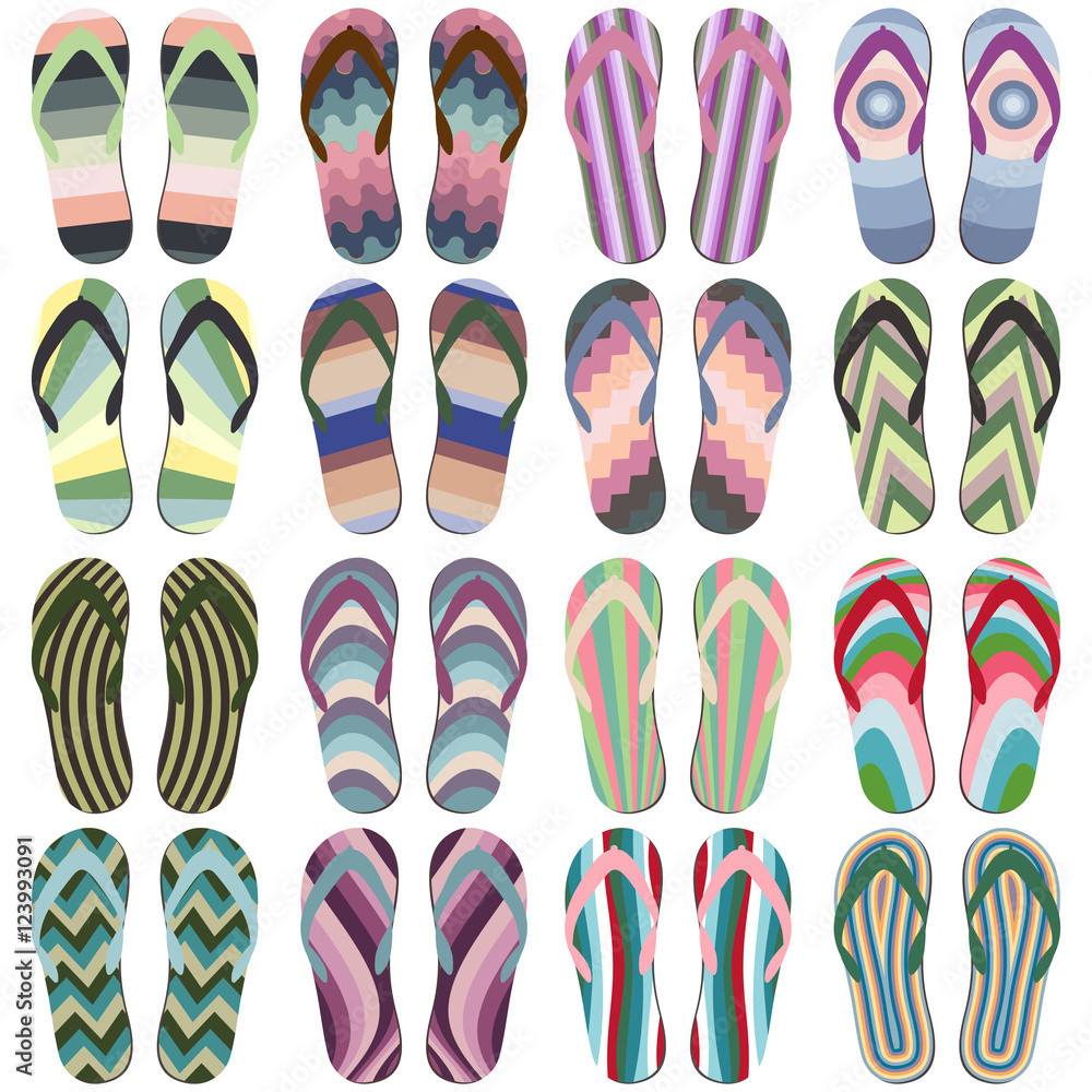 Set of Beach Slippers. Colorful Summer Flip Flops Isolated on White Background
Set of Beach Slippers. Colorful Summer Flip Flops Isolated on White Background