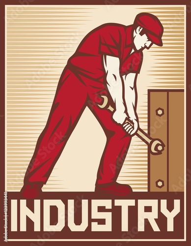 Fotografia worker holding wrench - industry poster (design for labor day)