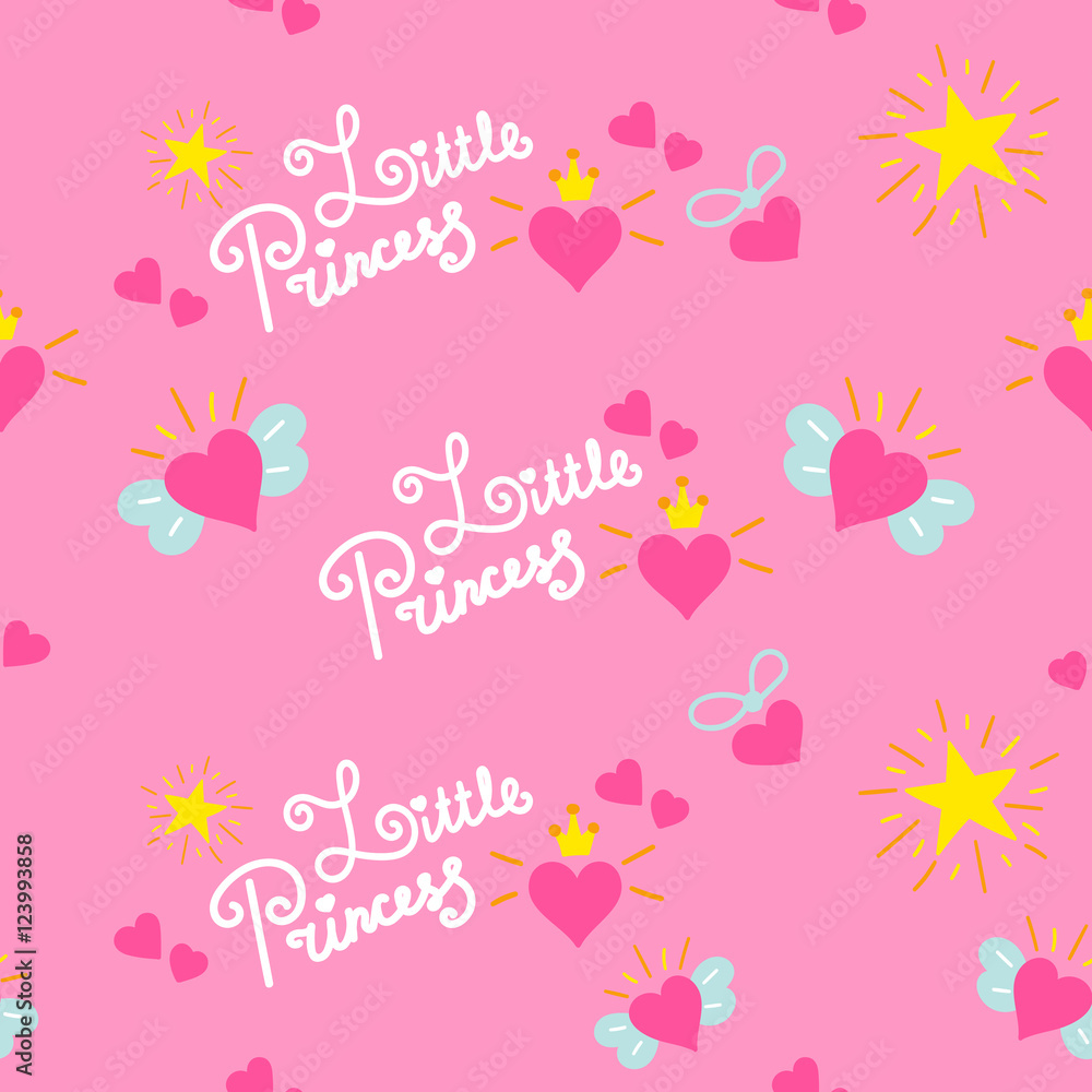 Pink little princess pattern vector. Sweet girl background for template birthday card, baby shower invitation, girls wallpaper and fabric. Print with stars, crowns and hearts.