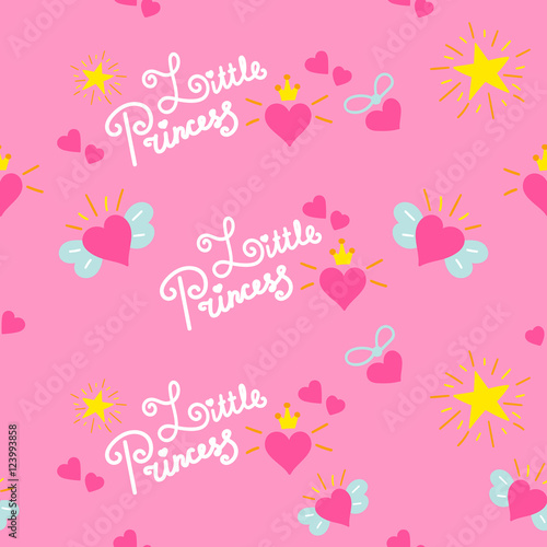 Pink little princess pattern vector. Sweet girl background for template birthday card, baby shower invitation, girls wallpaper and fabric. Print with stars, crowns and hearts.