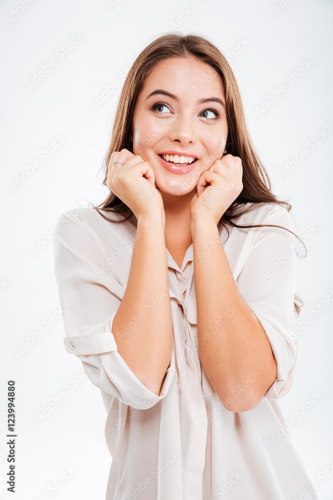 Portrait of a casual happy wondering woman thhinking about something Portrait of a casual happy wondering woman thhinking about something