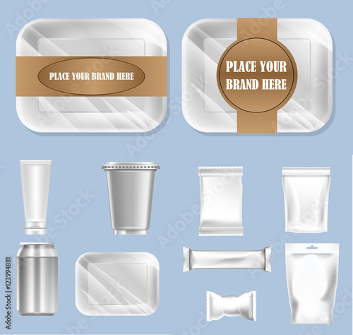 Vector set of food trail and white polyethylene foil package for sugar, bubble gum, sweets and candies mockup ready for your design
