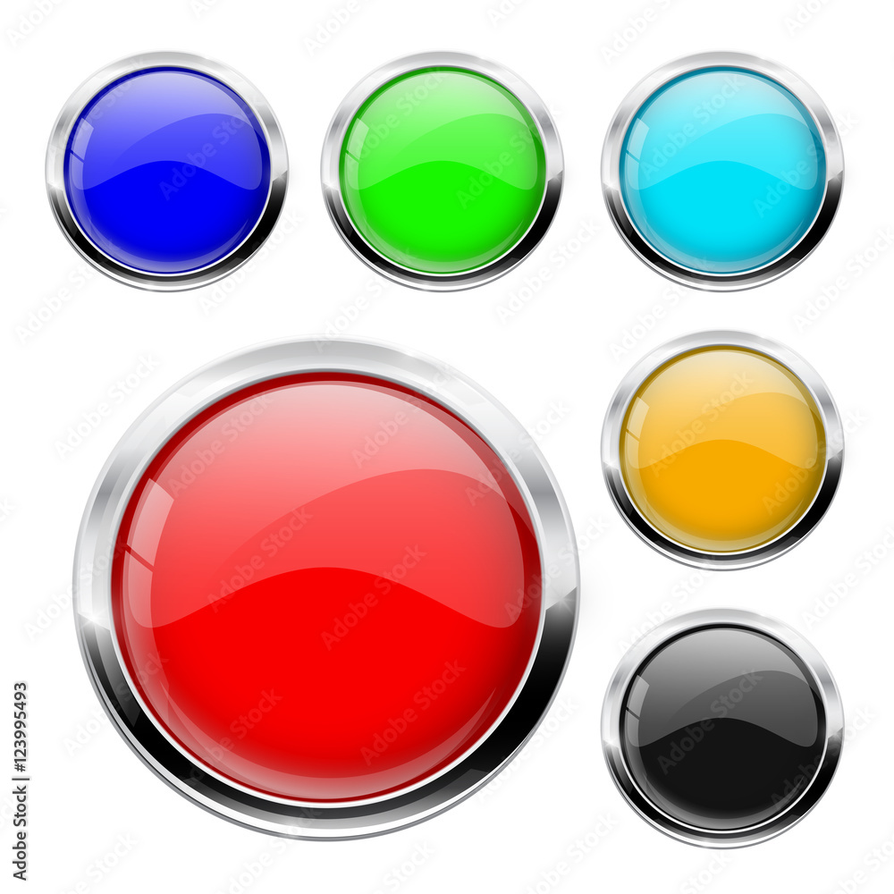 Round button with chrome frame. Colored set Round button with chrome frame. Colored set