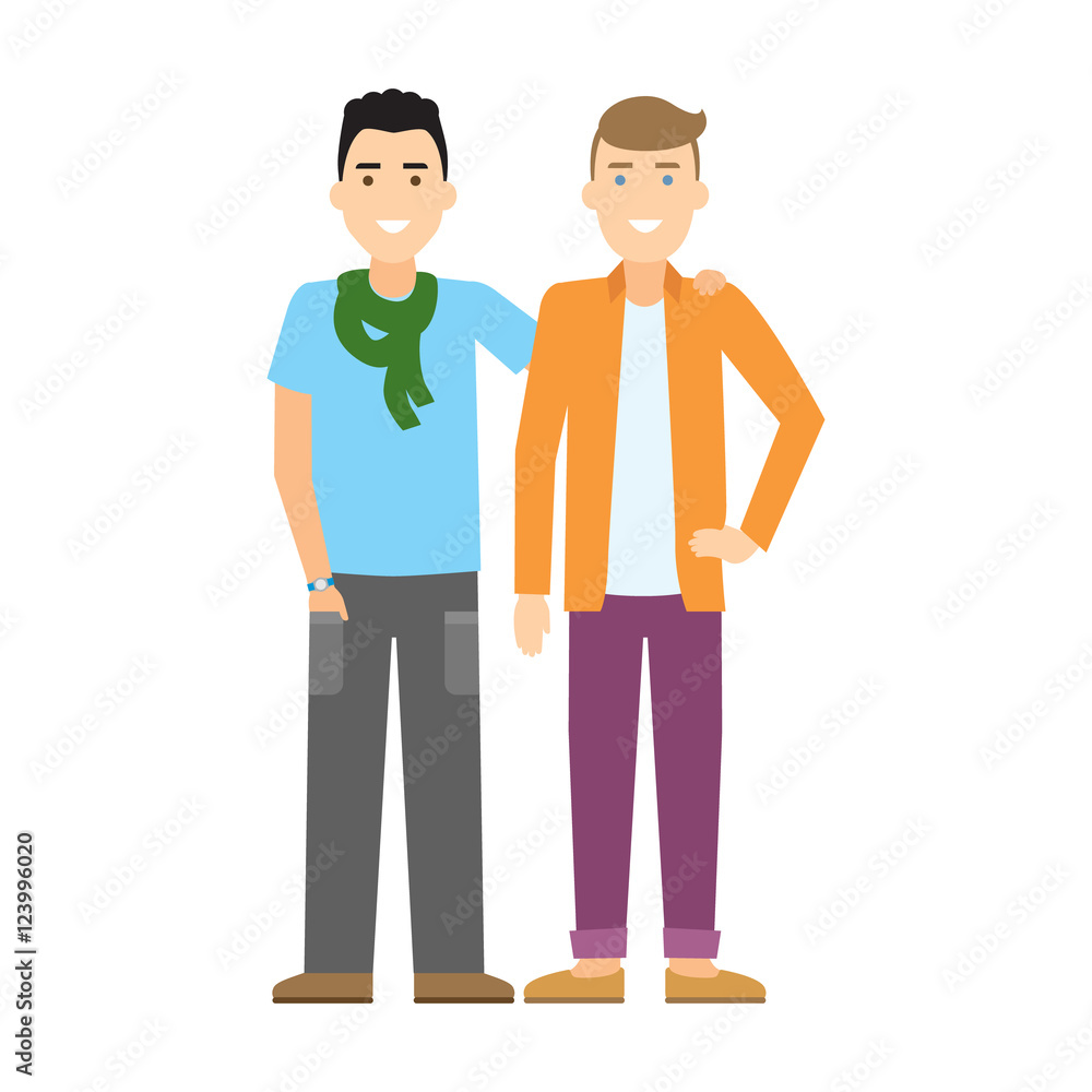 Isolated gay couple. Two handsome cartoon men standing on white background  and hug. Happy homosexual relationship. Stock Vector | Adobe Stock