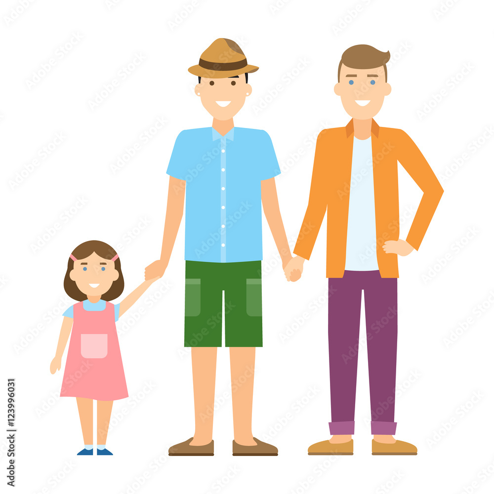Isolated gay family. Two handsome cartoon men with daughter standing on white background and holding hands. Happy homosexual relationship.