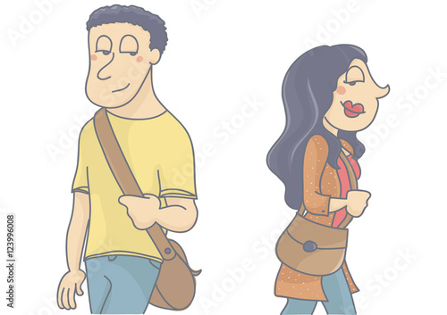 Man and woman walking by, looking and flirting with each other. Vector cartoon of love between strangers, love at first sight, isolated, white background.