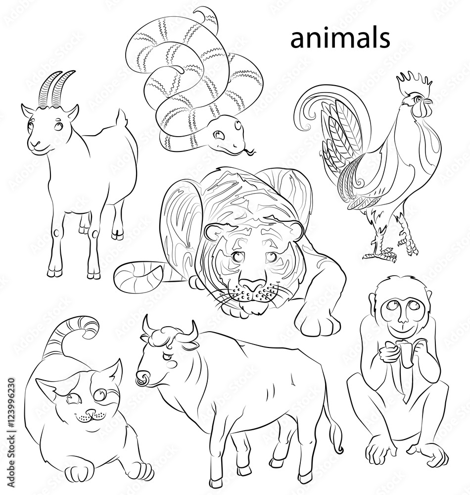 Obraz premium rooster, cat, snake, monkey, goat, tiger and ox