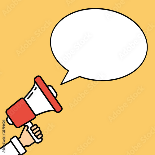 Go vote concept. Hand with megaphone on bright orange background with speech bubble. Presidential campaign.