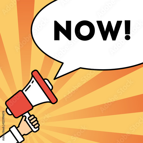 Go now concept. Hand with megaphone on bright striped background with speech bubble. Presidential campaign.