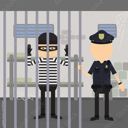 Thief in jail. Police officer and robber in the police station. Crime and punishment.