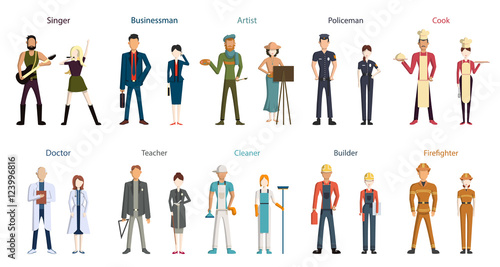 Different professions set. Isolated cartoon characters on white background. All kinds of professional activities as teacher, doctor, firefighter and more.