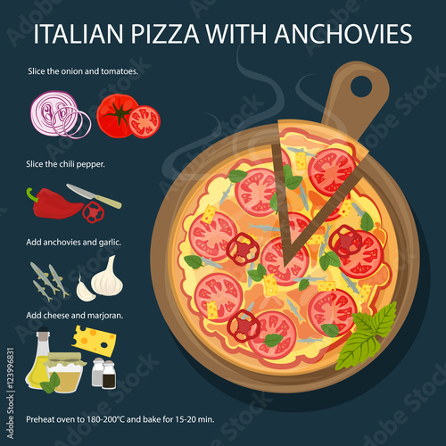 Pizza with anchovies recipe. Fresh and delicious pizza with tomatoes, anchovies and onion. Italian cuisine.