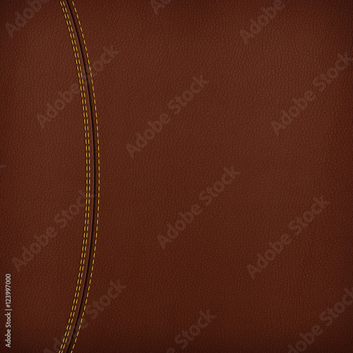 Texture of brown leather background with stitched seam, close-up. Texture for design.