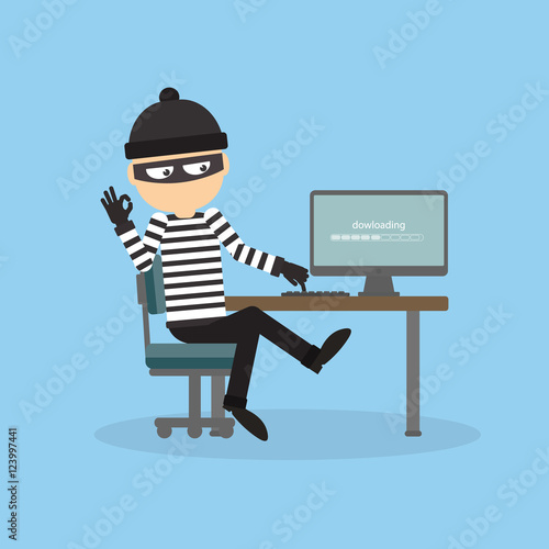 Robber at the office. Bad thief downloading information from computer. Man in the black mask and striped outfit.