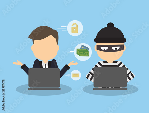 Money hacking concept. Thief stealing money and information from laptop of businessman.