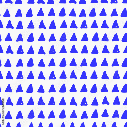 Seamless pattern with hand drawn triangles in blue on white background. 