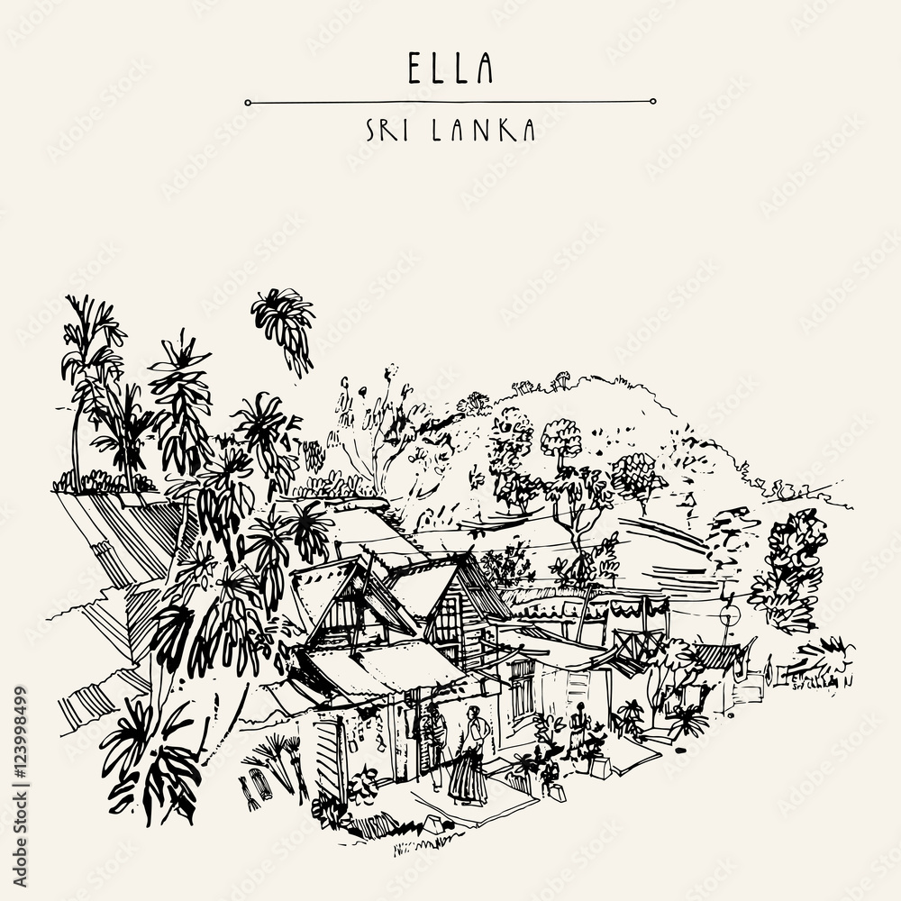 Naklejka premium Street in Ella village, Sri Lanka, Asia. Trees, houses, man wearing a sarong. Travel sketch. Hand-drawn vintage book illustration, touristic postcard or poster, calendar or book illustration