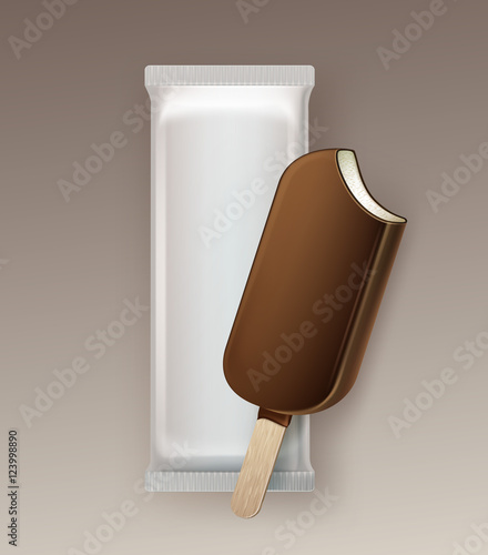Classic Bitten Popsicle Choc-ice Lollipop Ice Cream in Chocolate Glaze on Stick with White Foil Wrapper on Background
