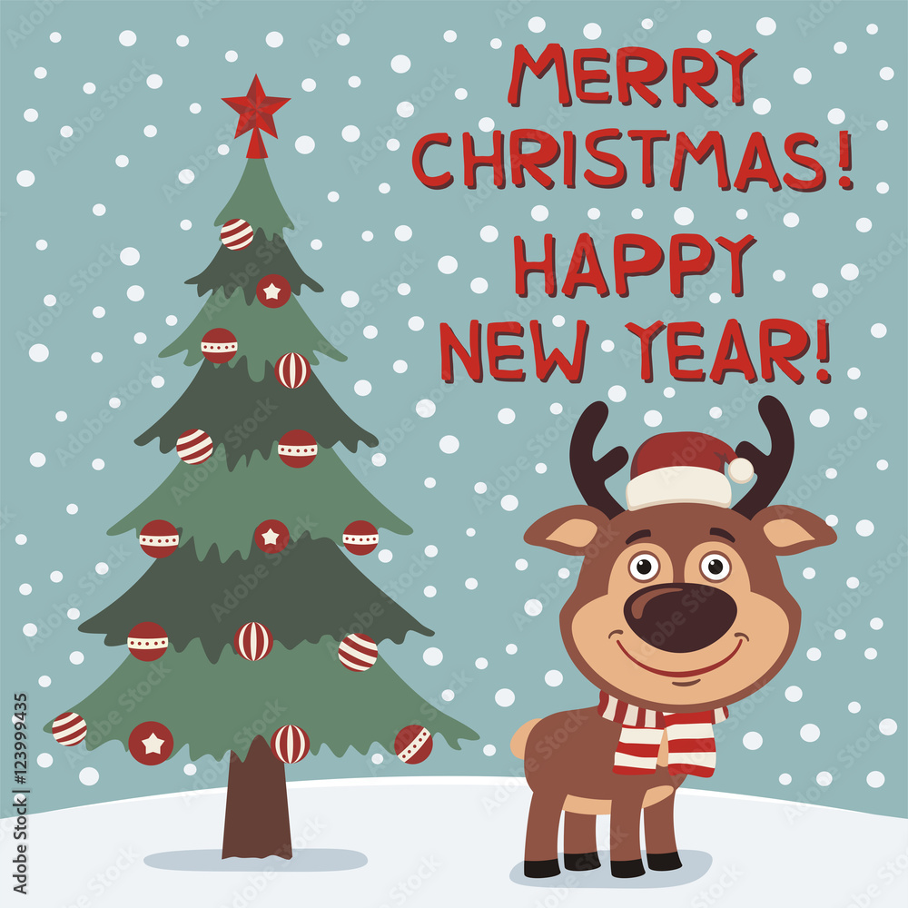 Merry Christmas and Happy New year! Funny reindeer near Christmas tree. Card in cartoon style. Merry Christmas and Happy New year! Funny reindeer near Christmas tree. Card in cartoon style.