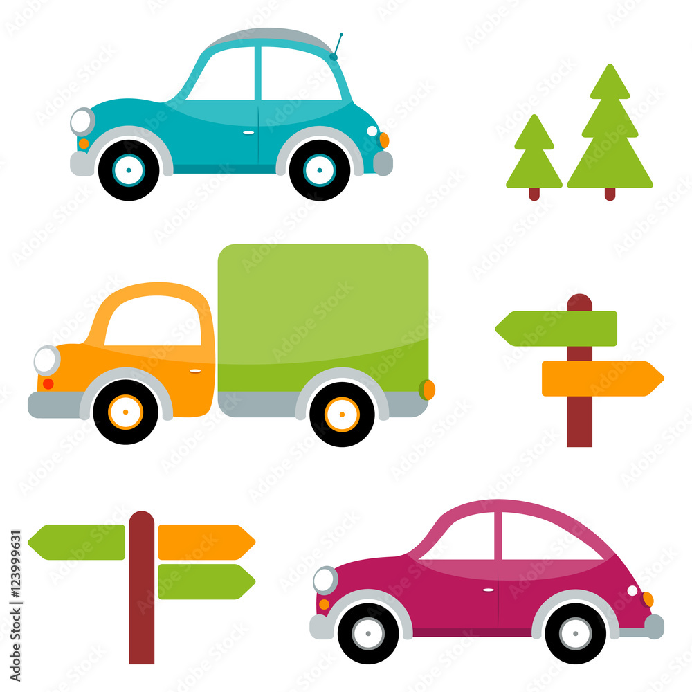 Naklejka premium Set of multicolored toy cars with trees, arrows, pointers. Vector illustration