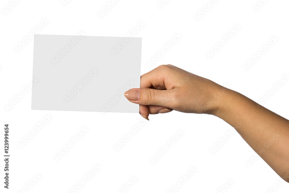Obraz premium greeting card in a hand isolated on white