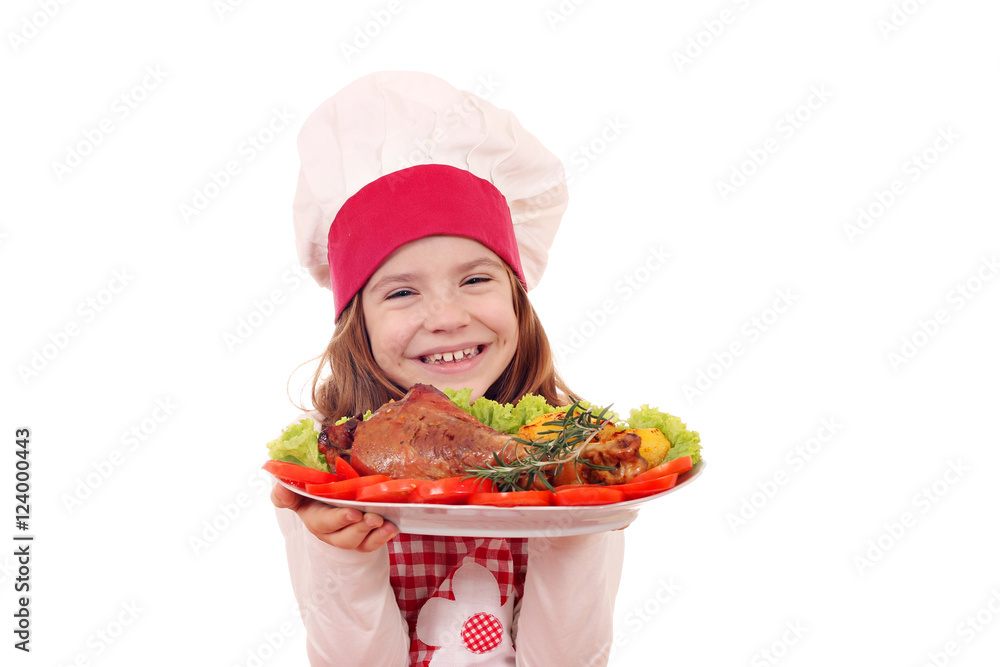 happy little girl cook with roasted turkey drumstick happy little girl cook with roasted turkey drumstick