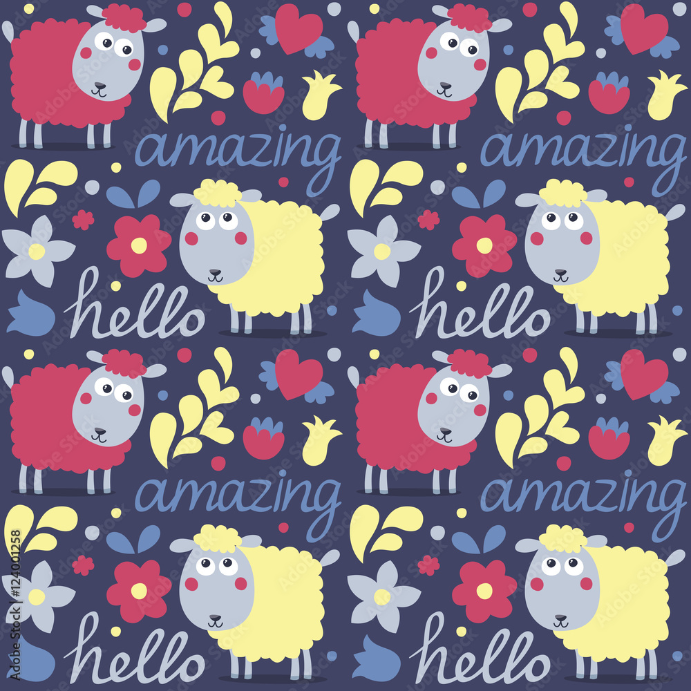 Seamless cute animal pattern made with ships, flowers, plants, hearts, words amazing, hello, friends, love, couple