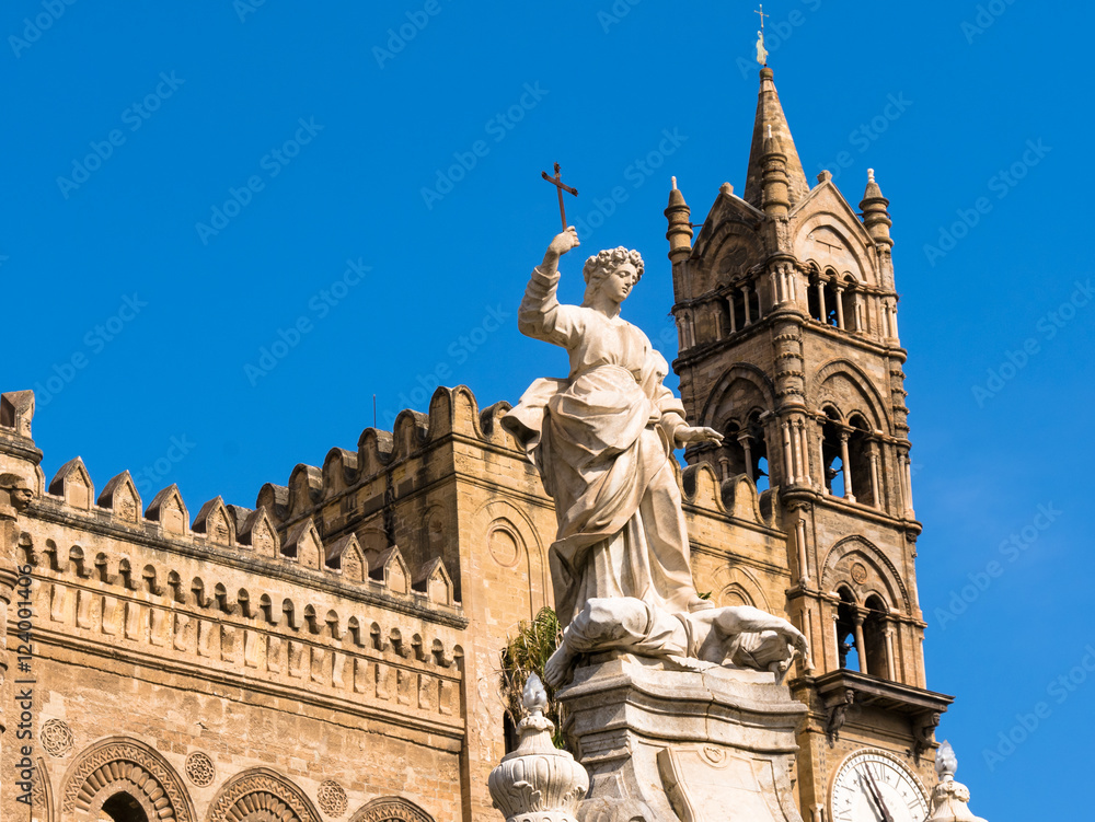 cathedral bell tower with monument of rosalia  Palermo in Sicily
