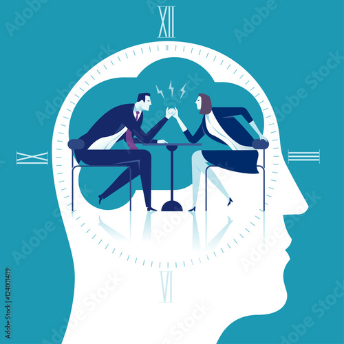 Wrestling. A trial of strength. Man and woman sit opposite each other with one elbow resting on a table, clasp each other‘s hands.. Concept business vector illustration