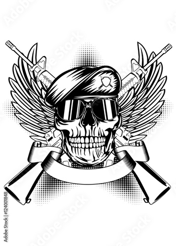 Skull in beret and two automatic guns