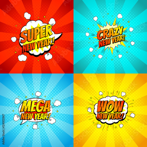 Collection of happy new year backdrops. Decorative set of comic backgrounds for happy new year with bomb explosive in pop art style. Vector illustration.