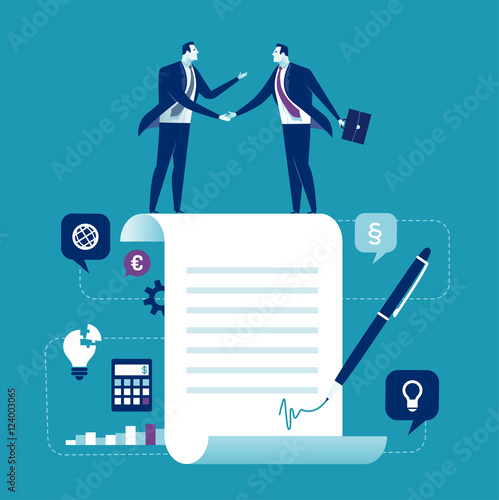 Agreement. Business people standing on a signed contract. Concept business vector illustration