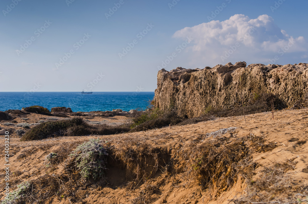 View deserted rocky seashore