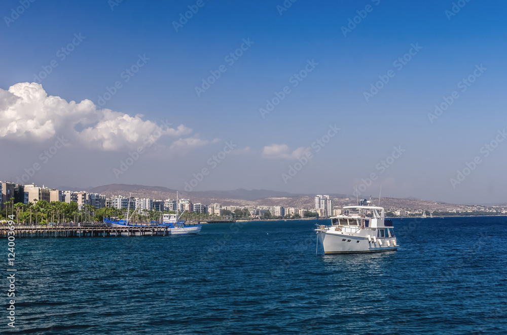 Beautiful white motor boat in the blue calm  Sea